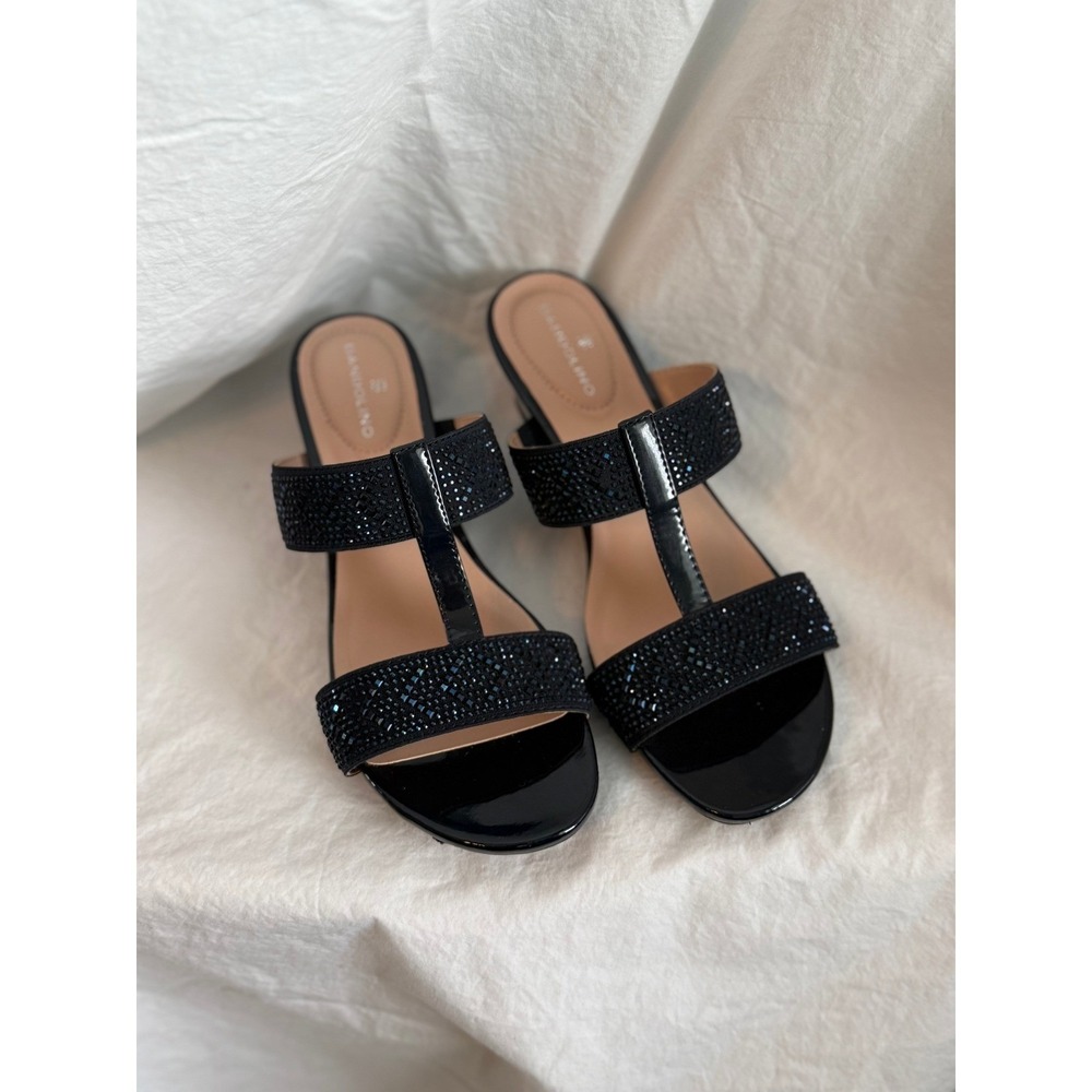 Bandolino Black Rhinestone T-Strap Wedge Sandals Patent Slide 7.5M‎